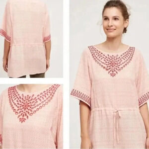 Anthropologie One September Pink Euphemia Eyelet embroidered Peasant Top, sz M